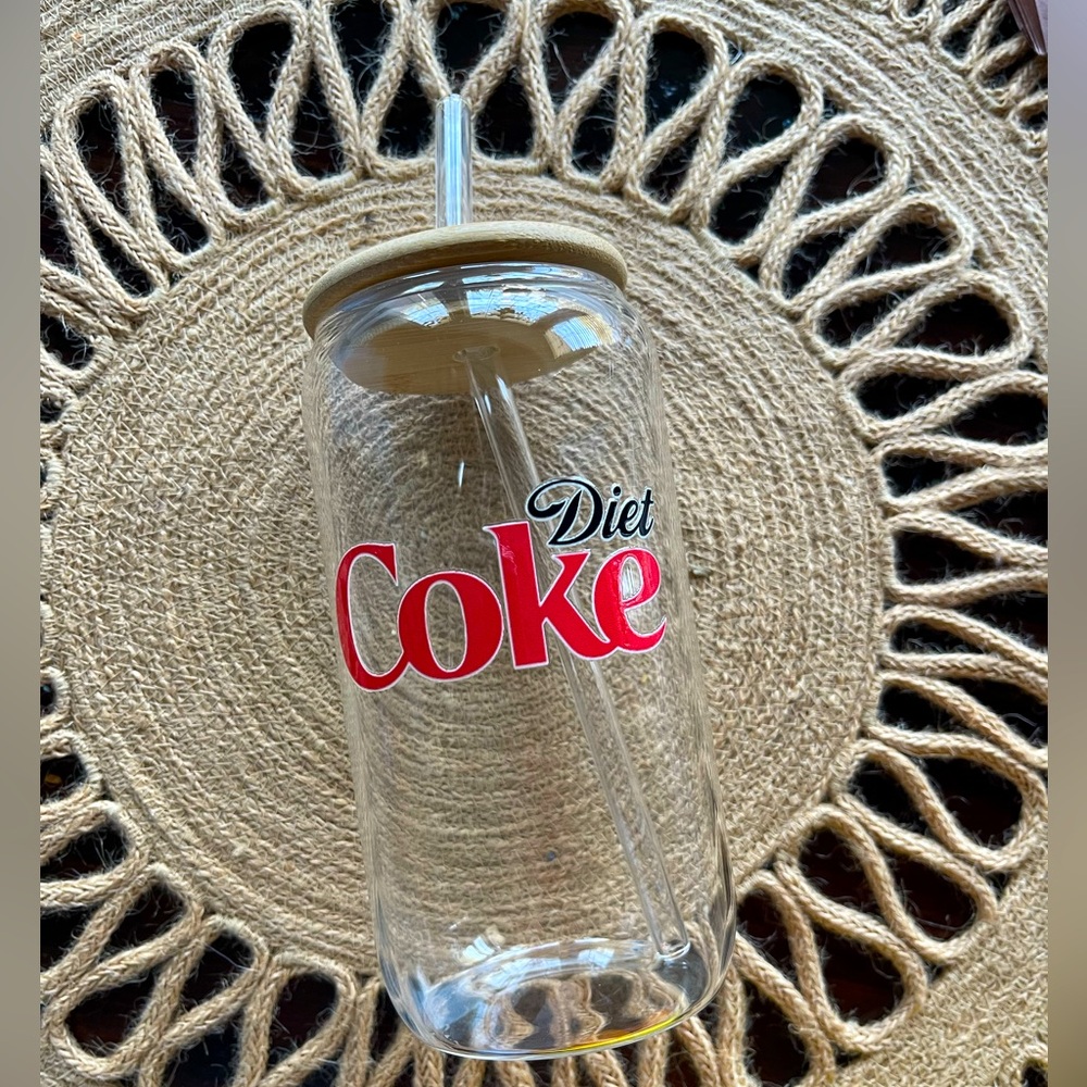 16 oz Diet Coke glass with lid and glass straw